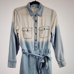 Copper Key Long Sleeve ColorBlock Tie Dye Chambray Denim Tie Waist Romper